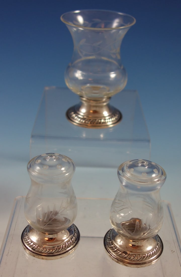 Three-Piece Sterling Silver and Crystal Salt Pepper Set with Toothpick Holder (1 of 8)