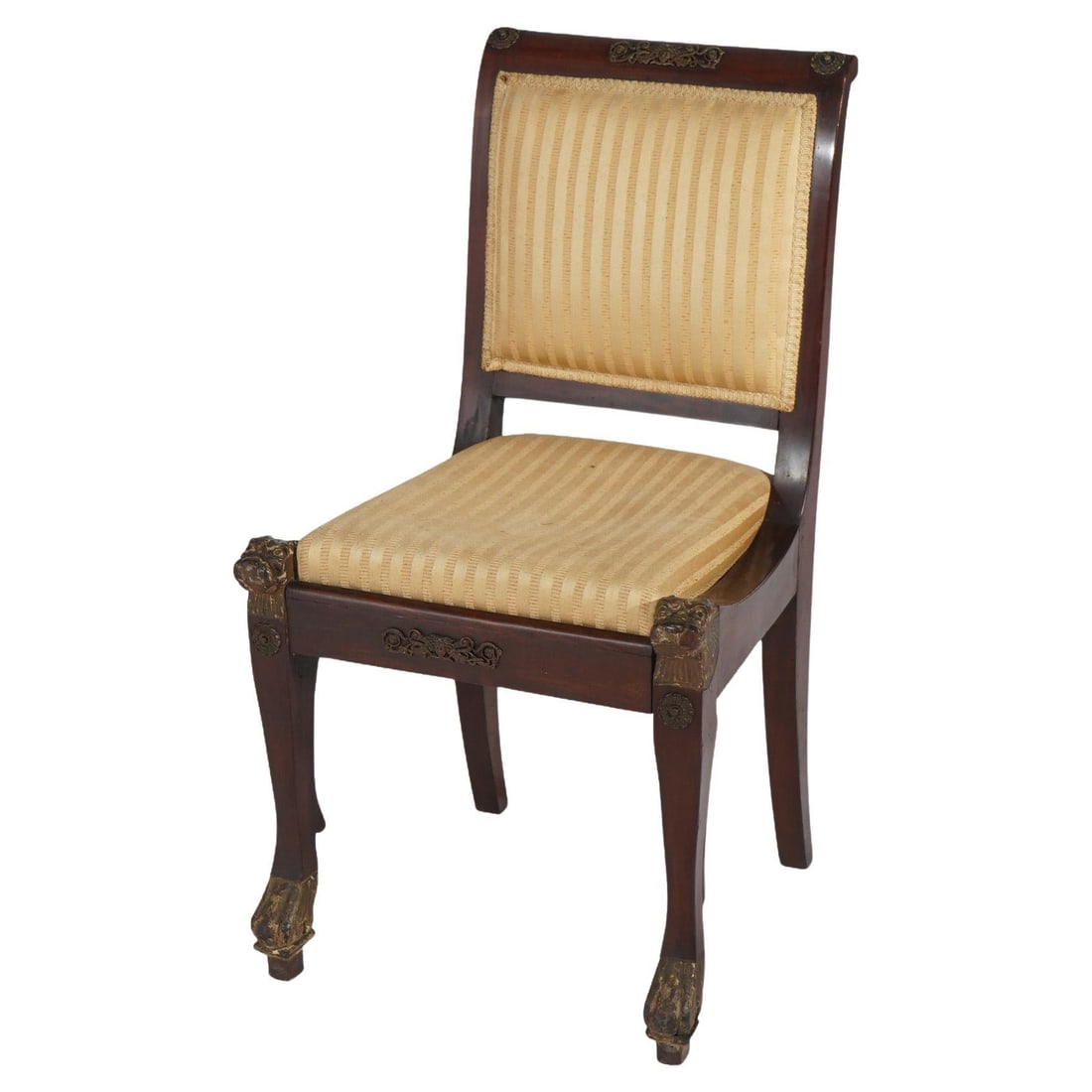Antique French Empire Mahogany Ormolu Chair with Figures c1820: Antique French Empire Mahogany Ormolu Chair with Figures c1820 This Antique French Empire Chair, crafted around 1820, exemplifies the elegance of early 19th-century design. It features a beautifully c