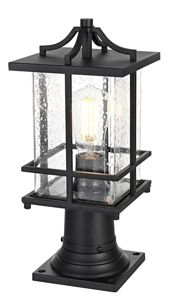 Miller 16 in Outdoor Post Light Black Iron Seedy Glass (1 of 8)