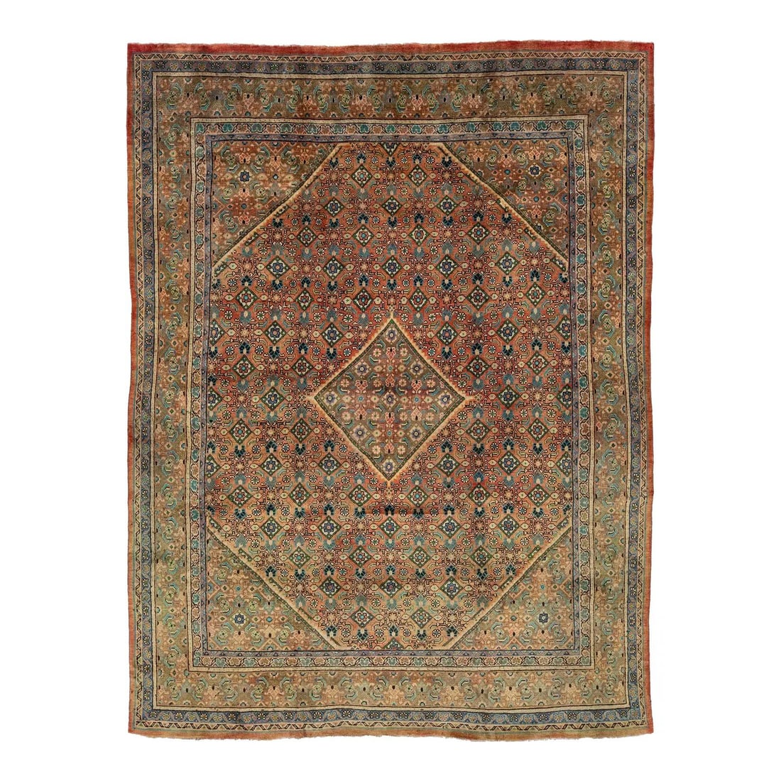 1940s Vintage Persian Mahal Wool Rug 9'5" x 12'6" Allover Pattern: 1940s Vintage Persian Mahal Wool Rug 9'5" x 12'6" Allover Pattern Elevate your space with this stunning Vintage Persian Mahal rug from the 1940s. This hand-knotted rug features a vibrant peach-red fie