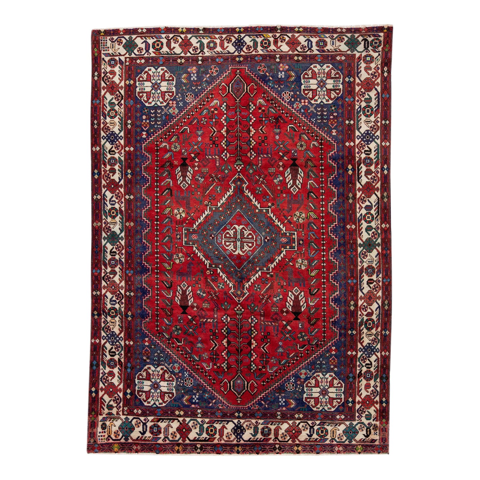 1960s Vintage Persian Shiraz Handmade Wool Rug Red Medallion: 1960s Vintage Persian Shiraz Handmade Wool Rug Red Medallion This exquisite vintage Persian Shiraz rug features a stunning hand-knotted design with a vibrant red color field, complemented by a beige f