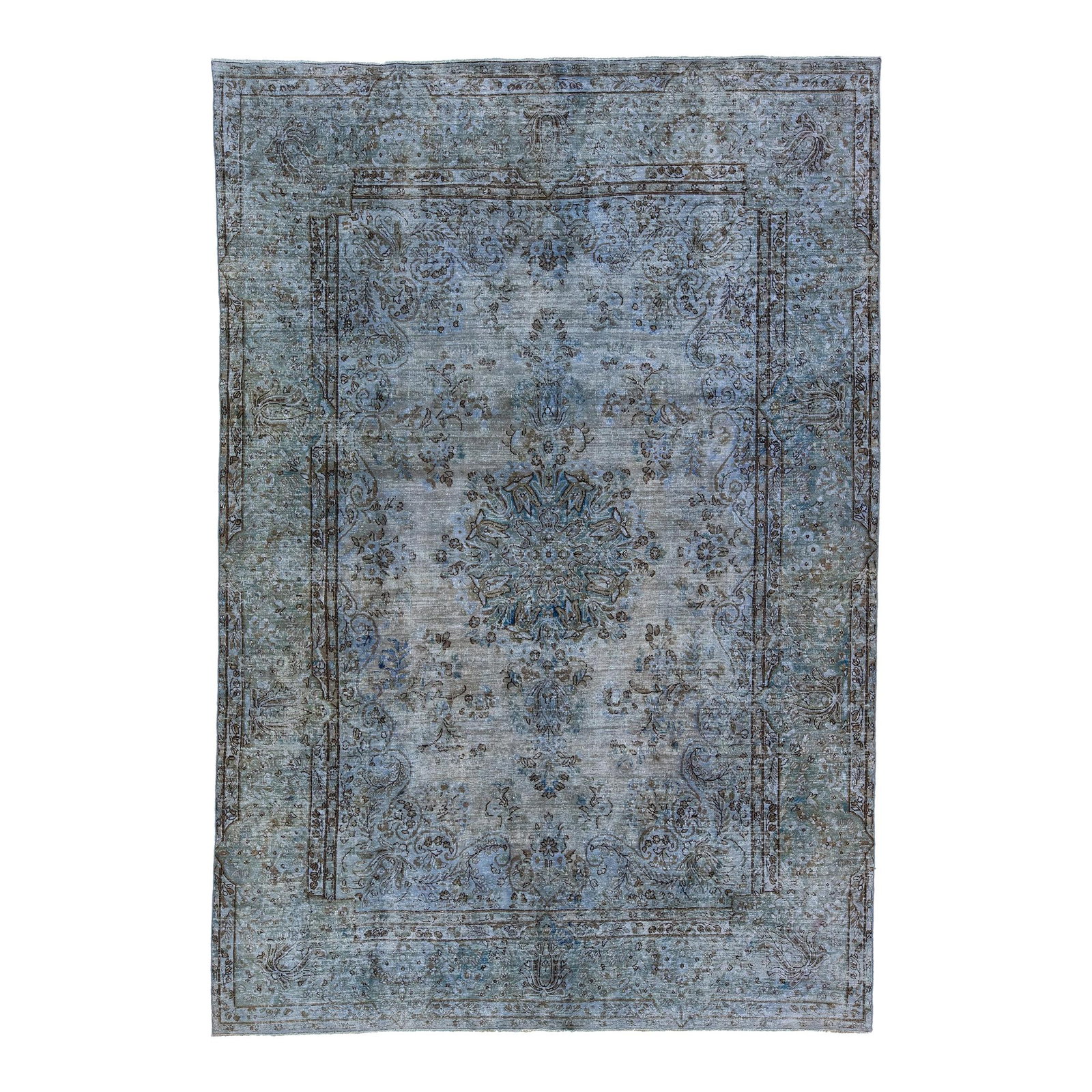 Vintage Persian Overdyed Blue Wool Medallion Rug 7'2 x 10'6: Vintage Persian Overdyed Blue Wool Medallion Rug 7'2 x 10'6 This exquisite Vintage Persian Overdyed Handmade Medallion Blue Wool Rug features a stunning blue field adorned with intricate black and gra