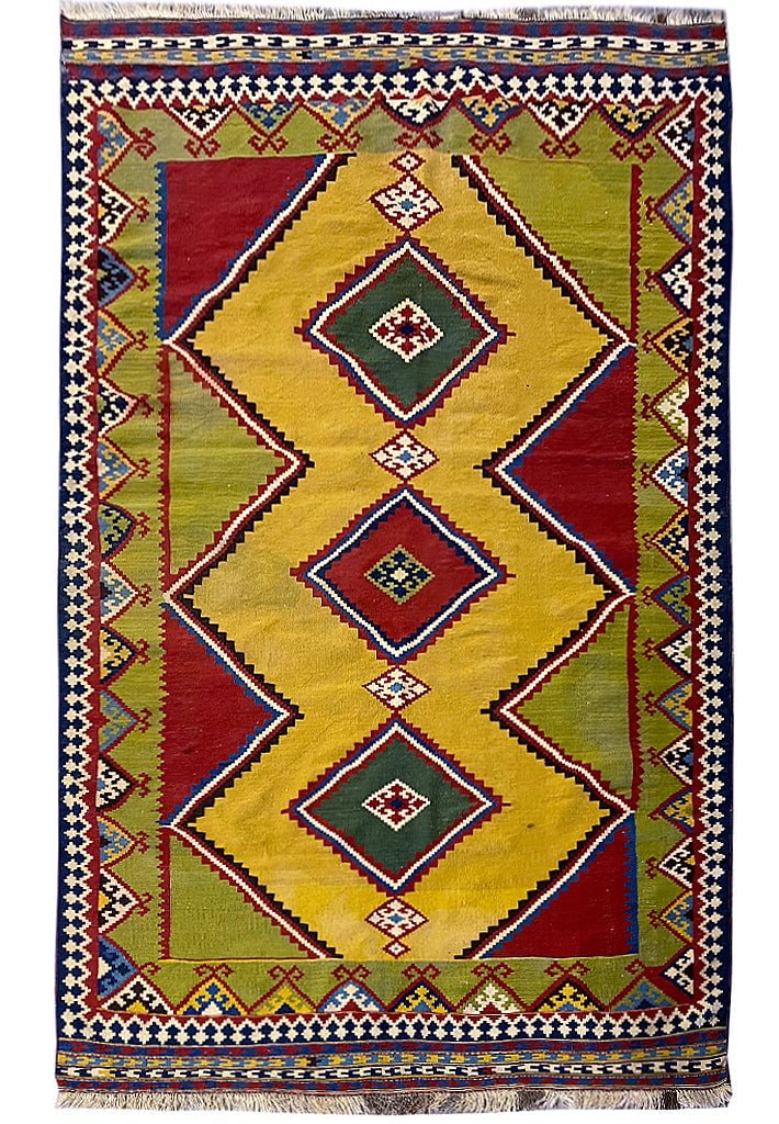 Vibrant 5.4 x 8.3 Handwoven Yellow Persian Kilim Rug: Vibrant 5.4 x 8.3 Handwoven Yellow Persian Kilim Rug Free continental US Shipping Enhance your living space with this stunning 5.4 x 8.3 Yellow Persian Kilim Rug. Handwoven by skilled artisans in Iran