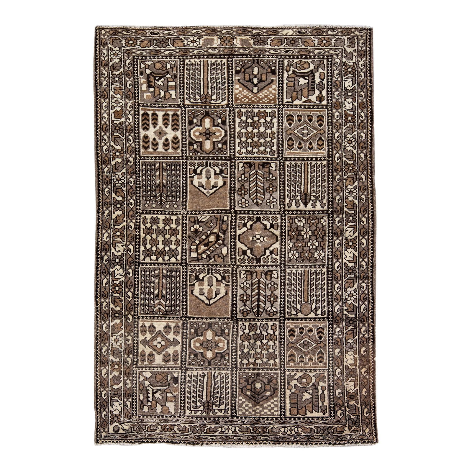 Vintage Handmade Persian Wool Rug Brown Geometric Design 4'5" x 6'7": Vintage Handmade Persian Wool Rug Brown Geometric Design 4'5" x 6'7" Discover the charm of this Vintage Persian hand-knotted wool rug, featuring a rich brown field adorned with multicolored geometric 