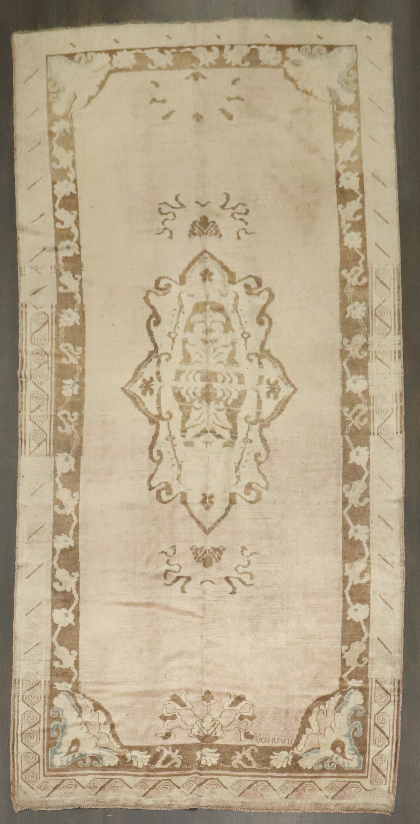 6' 1" x 12' 3" Mid 20th Century Turkish Kars Oushak Rug: 6' 1" x 12' 3" Mid 20th Century Turkish Kars Oushak Rug Vintage Turkish gallery rug in a blush colorway. This mid-20th century piece is identified as a Kars, Oushak type and is offered in pre-owned co