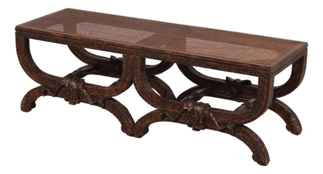 French style cane double seat bench 54 x 17 x 18: French style cane double seat bench 54 x 17 x 18 This French Louis XIV style double seat bench features a factory distressed brown finish and a quality cane seat. Crafted approximately 30 years ago, i