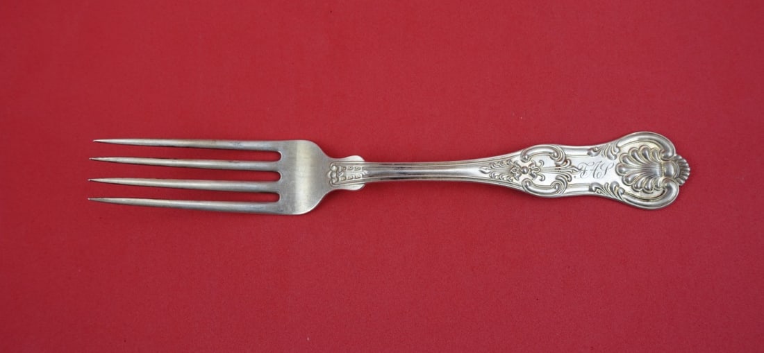 Sterling Silver Dinner Fork King Pattern by Whiting 7 5/8 Inch: Sterling Silver Dinner Fork King Pattern by Whiting 7 5/8 Inch This is a sterling silver dinner fork in the King pattern by Whiting. Measuring 7 5/8 inches in length, the fork features a monogram (mon
