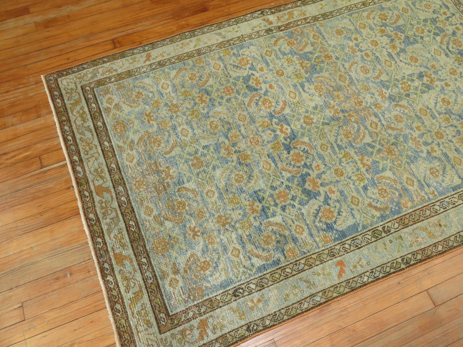 4' 3" x 6' 8" Soft Blue Malayer Accent Rug Persian: 4' 3" x 6' 8" Soft Blue Malayer Accent Rug Persian Early 20th century Persian Malayer rug in a soft blue colorway. This pre-owned accent rug is described as a Malayer with a shabby chic style. Specifi