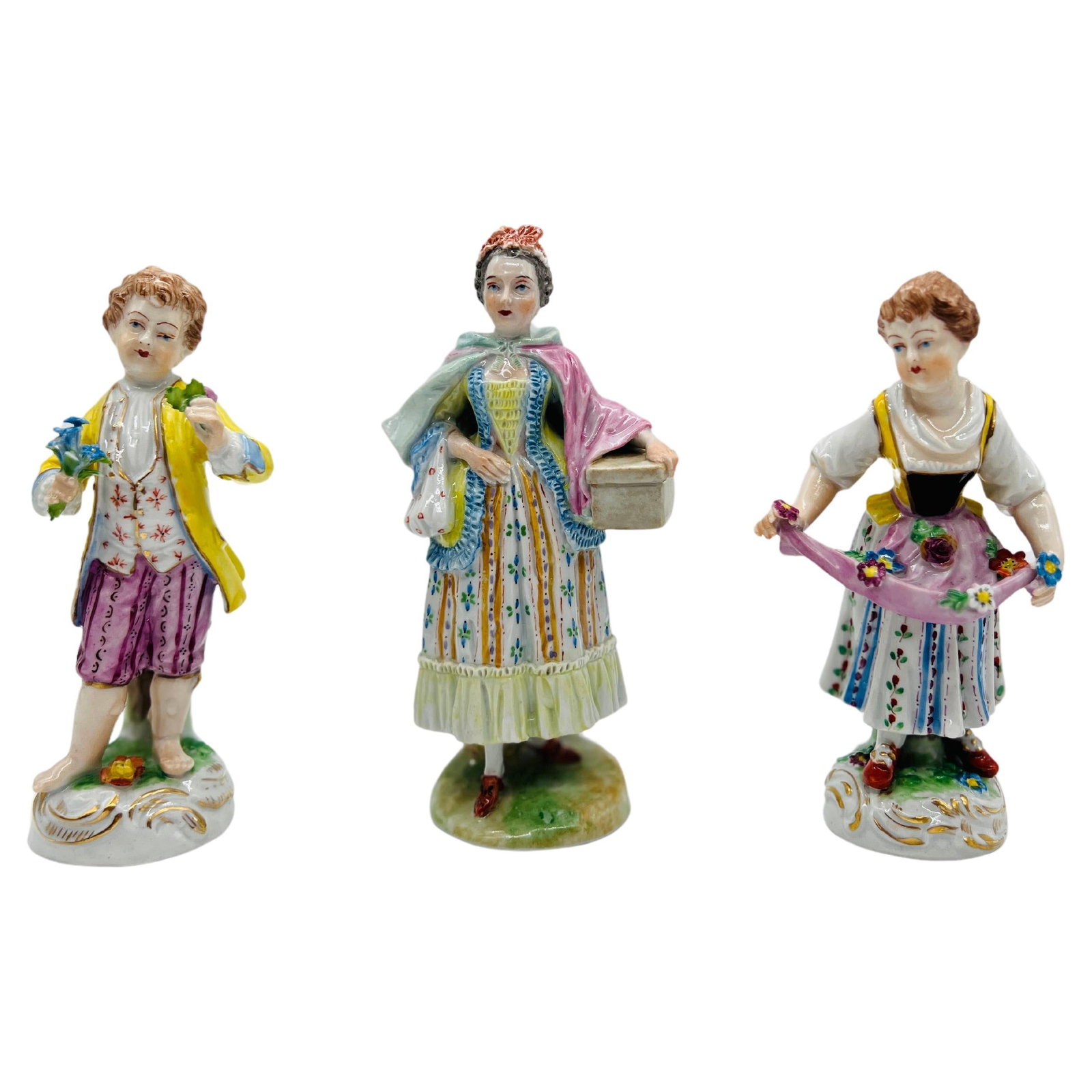 Set of 3 Dresden Porcelain Flower Pickers Figurines Early 20th Century: Set of 3 Dresden Porcelain Flower Pickers Figurines Early 20th Century This exquisite grouping of Dresden porcelain figurines features three charming figures, each representing an aspect of flower pic