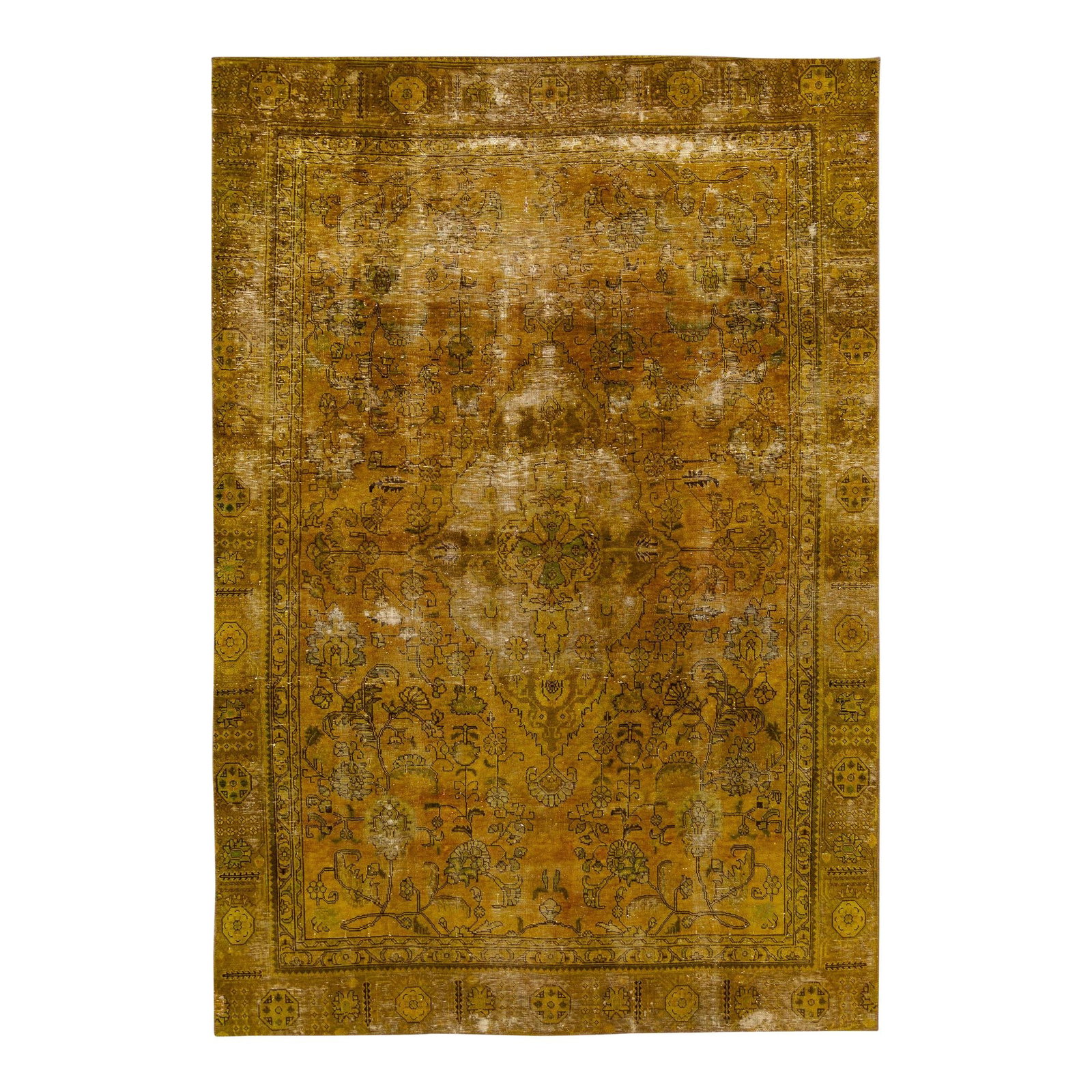 Goldenrod Vintage Handmade Medallion Wool Rug 6'6 X 9'10 Distressed Design: Goldenrod Vintage Handmade Medallion Wool Rug 6'6 X 9'10 Distressed Design This exquisite hand-knotted vintage wool rug showcases a warm goldenrod field complemented by brown and blue accents in an al