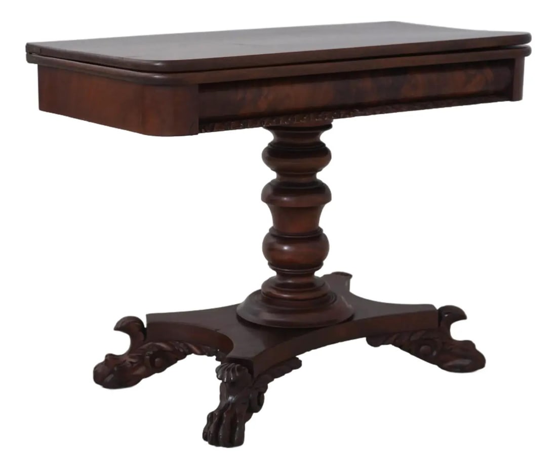 American Empire mahogany card table with carved paw feet 35.5w (1 of 10)
