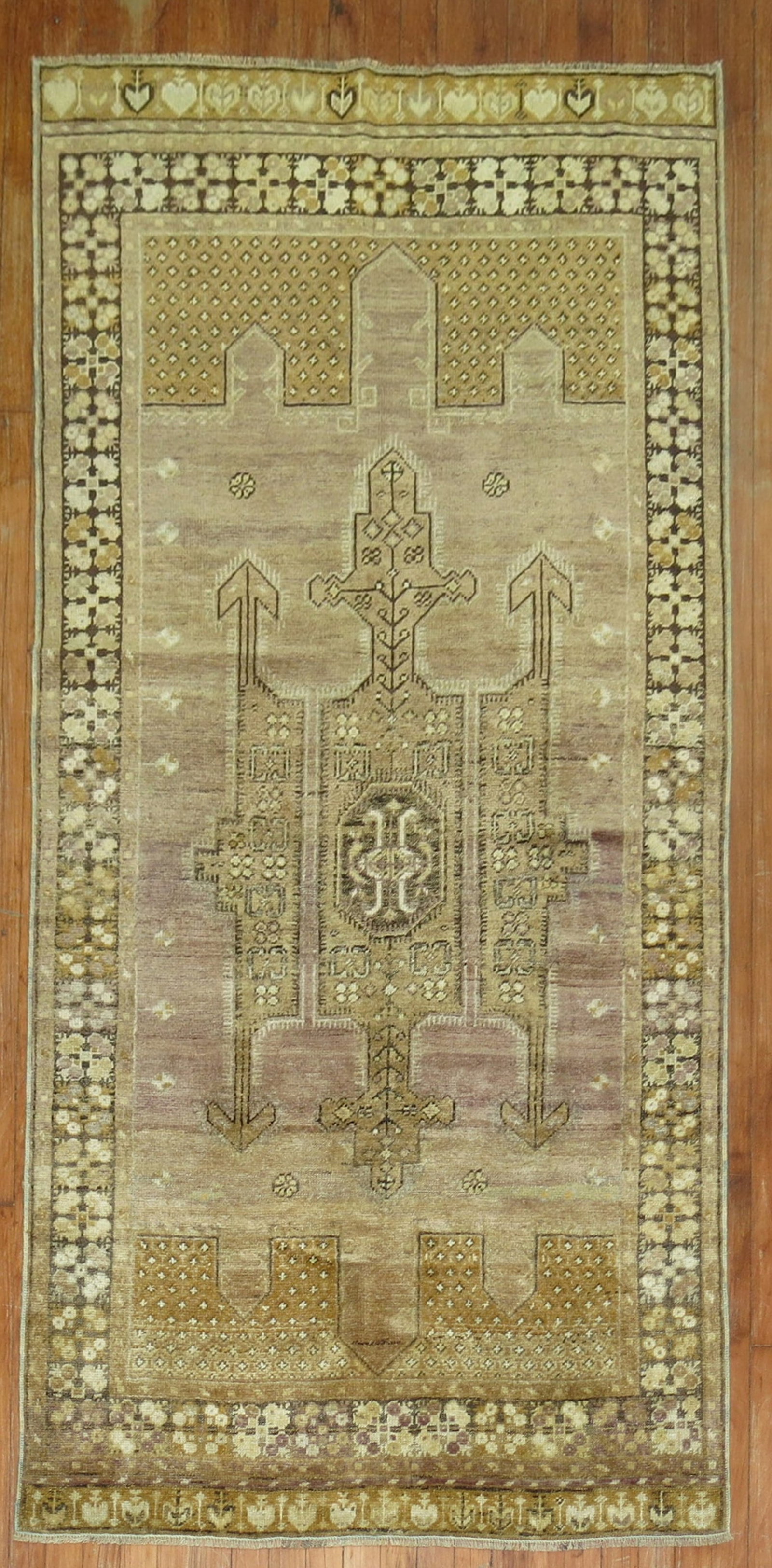 3' 8" x 7' 5" Anatolian Accent Rug in Lavender and Bronze: 3' 8" x 7' 5" Anatolian Accent Rug in Lavender and Bronze Mid-20th century Turkish Anatolian rug in lavender and bronze tones. This pre-owned accent rug offers a classic woven design and is identified