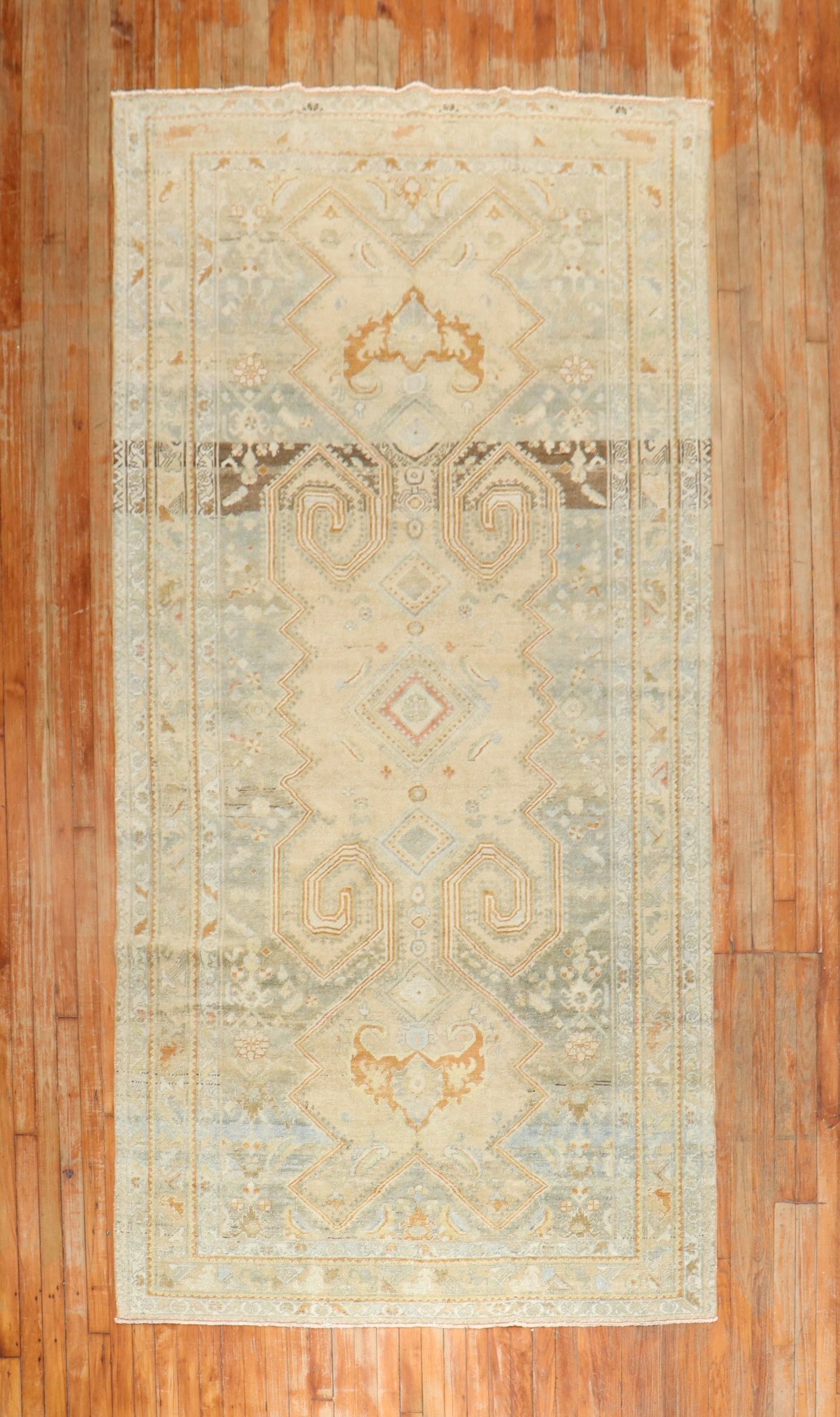 5' x 10' 4" Persian Malayer Gallery Rug in Green and Khaki: 5' x 10' 4" Persian Malayer Gallery Rug in Green and Khaki Early 20th century Persian Malayer gallery rug in soft green and khaki, featuring an intricate patterned design. Pre-owned condition. Specifi