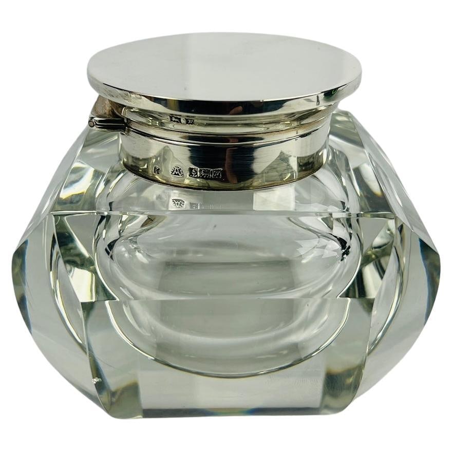 Adie Brothers Ltd Sterling Silver Crystal Vanity Jar Inkwell 1955: Adie Brothers Ltd Sterling Silver Crystal Vanity Jar Inkwell 1955 This exquisite vanity jar or inkwell, crafted by Adie Brothers Ltd in 1955, exemplifies the elegance of mid-20th-century British desig