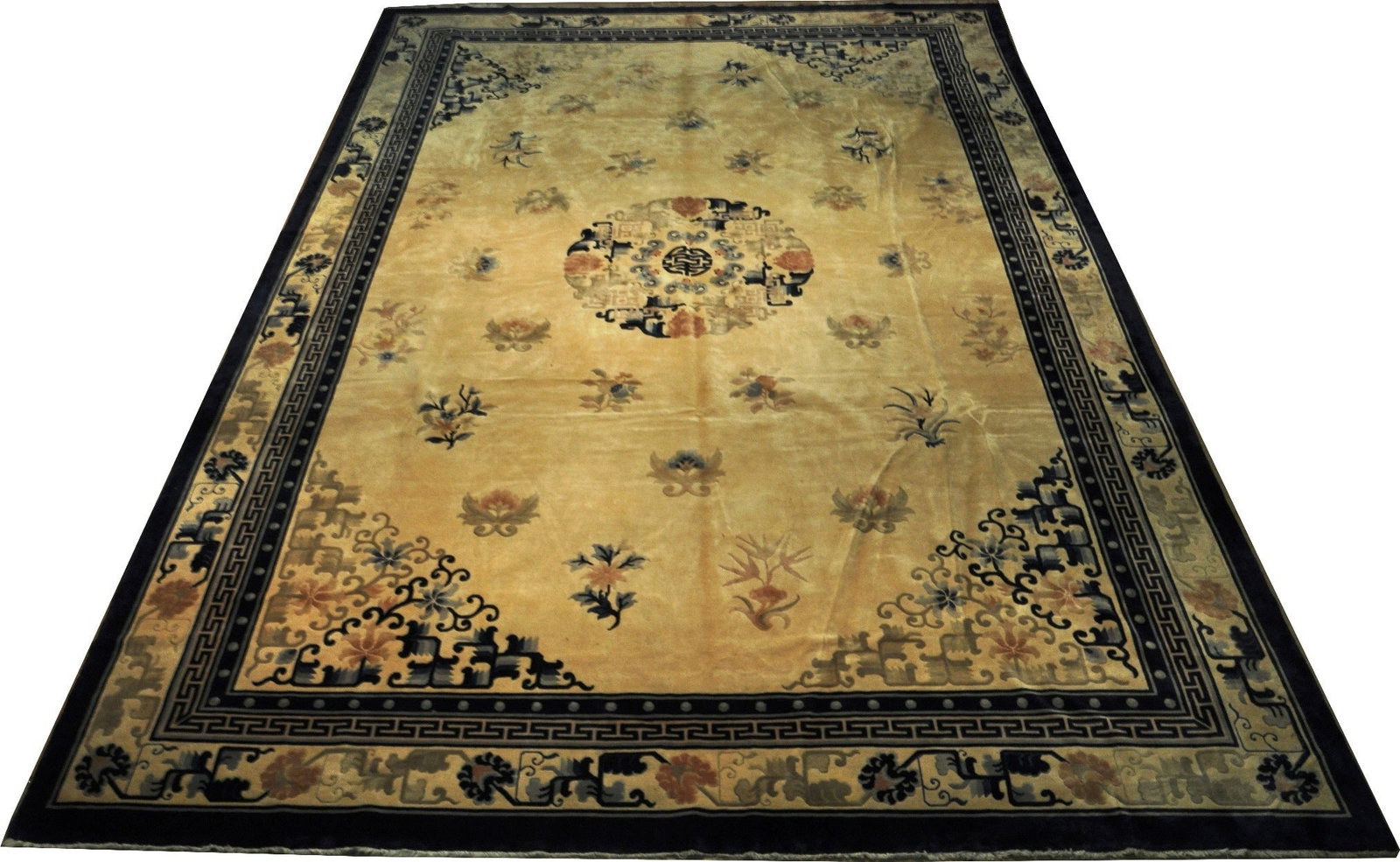 11.7 x 17.8 Beige Art Deco Hand-Knotted Area Rug China: 11.7 x 17.8 Beige Art Deco Hand-Knotted Area Rug China Free continental US Shipping Discover the elegance of this exquisite hand-knotted Beige Oriental Semi-Antique Art Deco Area Rug, a remarkable ble