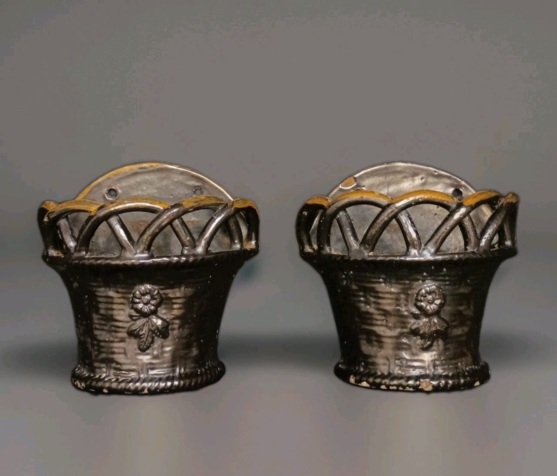 Pair of Italian terracotta wall planters basket form 11in 1930s (1 of 10)