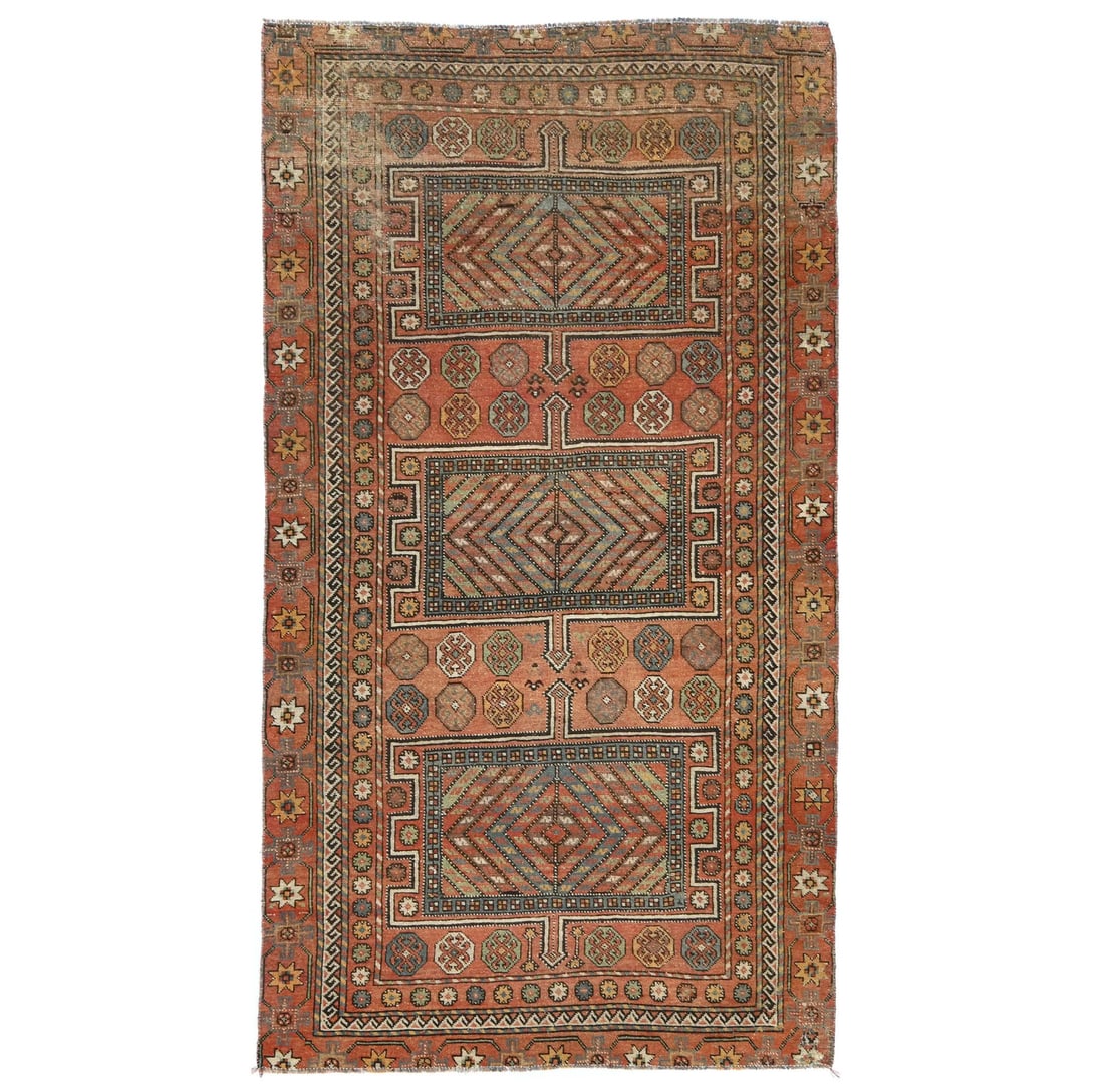 4'9 x 8'8 Hand Knotted Wool Area Rug Tribal Oriental Style: 4'9 x 8'8 Hand Knotted Wool Area Rug Tribal Oriental Style Hand-knotted wool area rug in a tribal style with a geometric pattern and a rectangular shape. This semi-antique entryway carpet features a m