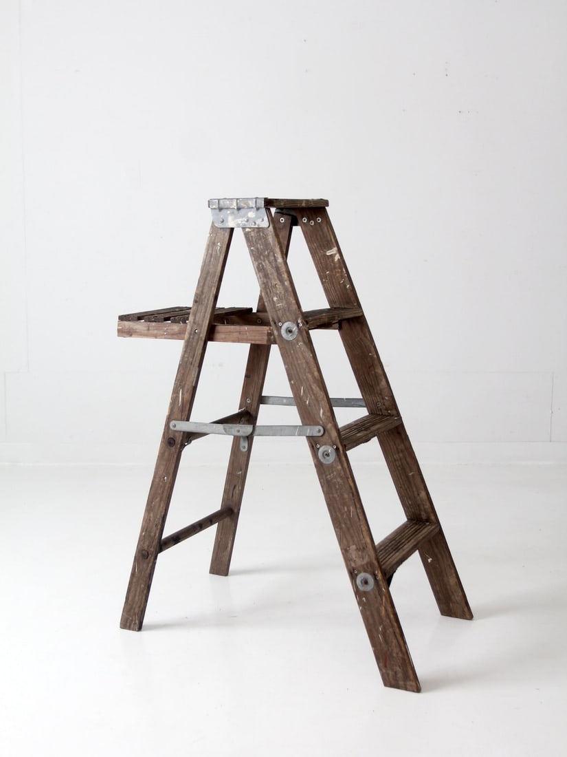 Vintage wood A frame step ladder with fold out shelf (1 of 9)