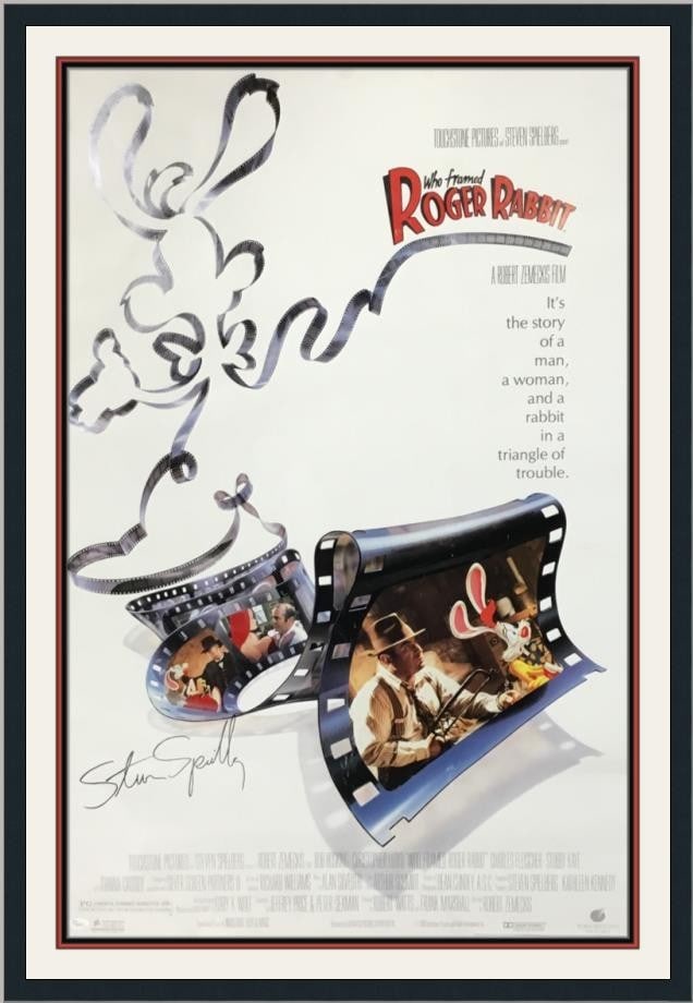 Custom Framed Who Framed Roger Rabbit Poster Signed by Steven Spielberg JSA LOA: Custom Framed Who Framed Roger Rabbit Poster Signed by Steven Spielberg JSA LOA Custom framed Who Framed Roger Rabbit reproduction poster signed by Steven Spielberg. The autograph is accompanied by a 
