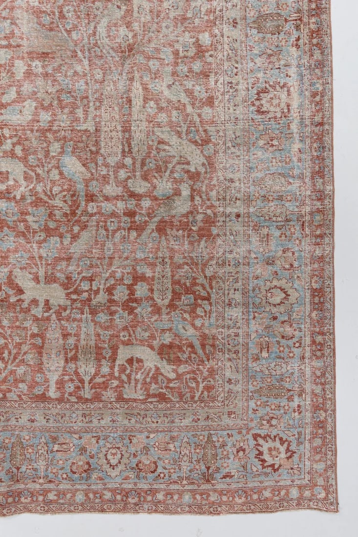 8' 9" x 12' 9" Persian Meshed pictorial animal motif rug: 8' 9" x 12' 9" Persian Meshed pictorial animal motif rug Early 20th century Persian Meshed rug featuring an animal motif pictorial design. This pre-owned room-size rug combines decorative imagery with