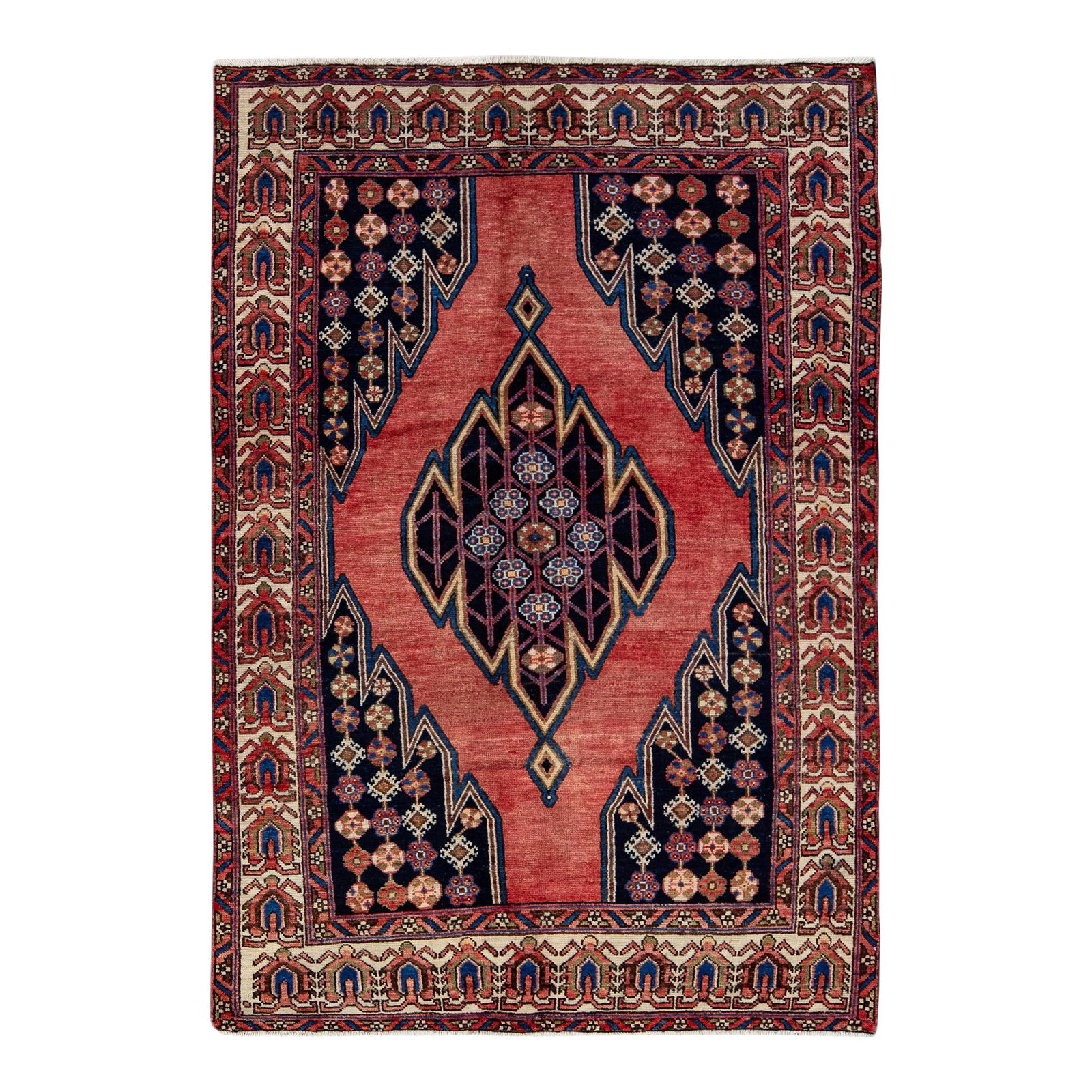 Vintage Handmade Persian Wool Rug Red Geometric 4'2" x 6'3": Vintage Handmade Persian Wool Rug Red Geometric 4'2" x 6'3" Enhance your space with this stunning Vintage Handmade Persian Wool Rug. Featuring a vibrant red field adorned with multicolor geometric des