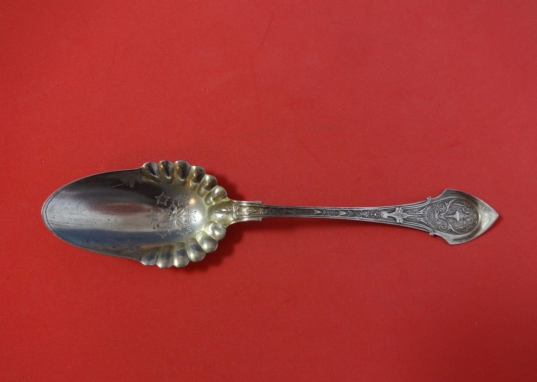 Wood & Hughes Angelo Sterling Silver Berry Spoon 9 Inch Bright-Cut (1 of 1)