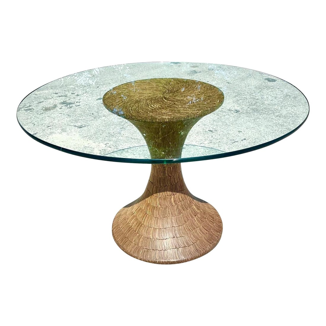 Vintage Boho Coconut Shell Pedestal Dining Table 52 in Round: Vintage Boho Coconut Shell Pedestal Dining Table 52 in Round Discover the charm of this Vintage Boho Coconut Shell Pedestal Dining Table, designed to be the perfect centerpiece for eclectic or bohemia