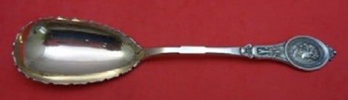 Kidney & Johnson Medallion Sterling Silver Gold Washed Berry Spoon 8 3/4": Kidney & Johnson Medallion Sterling Silver Gold Washed Berry Spoon 8 3/4" This exquisite berry spoon from Kidney & Johnson features the elegant Medallion pattern. Crafted from sterling silver, the spo