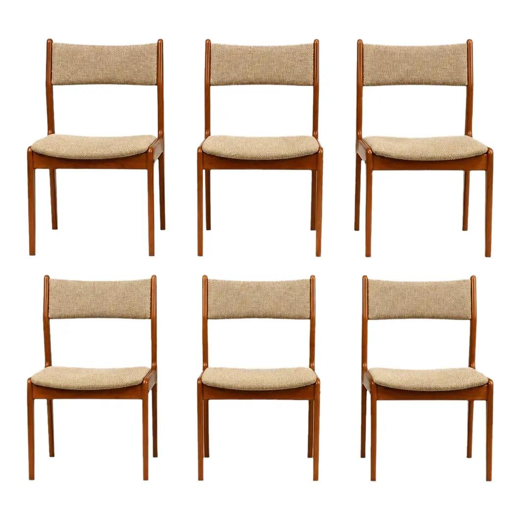 Set of 6 Scanthai Teak Dining Chairs with Beige Upholstery: Set of 6 Scanthai Teak Dining Chairs with Beige Upholstery Set of six Danish style modern dining chairs crafted from solid teak with original beige backrests and seats. These chairs date to the 1970s 