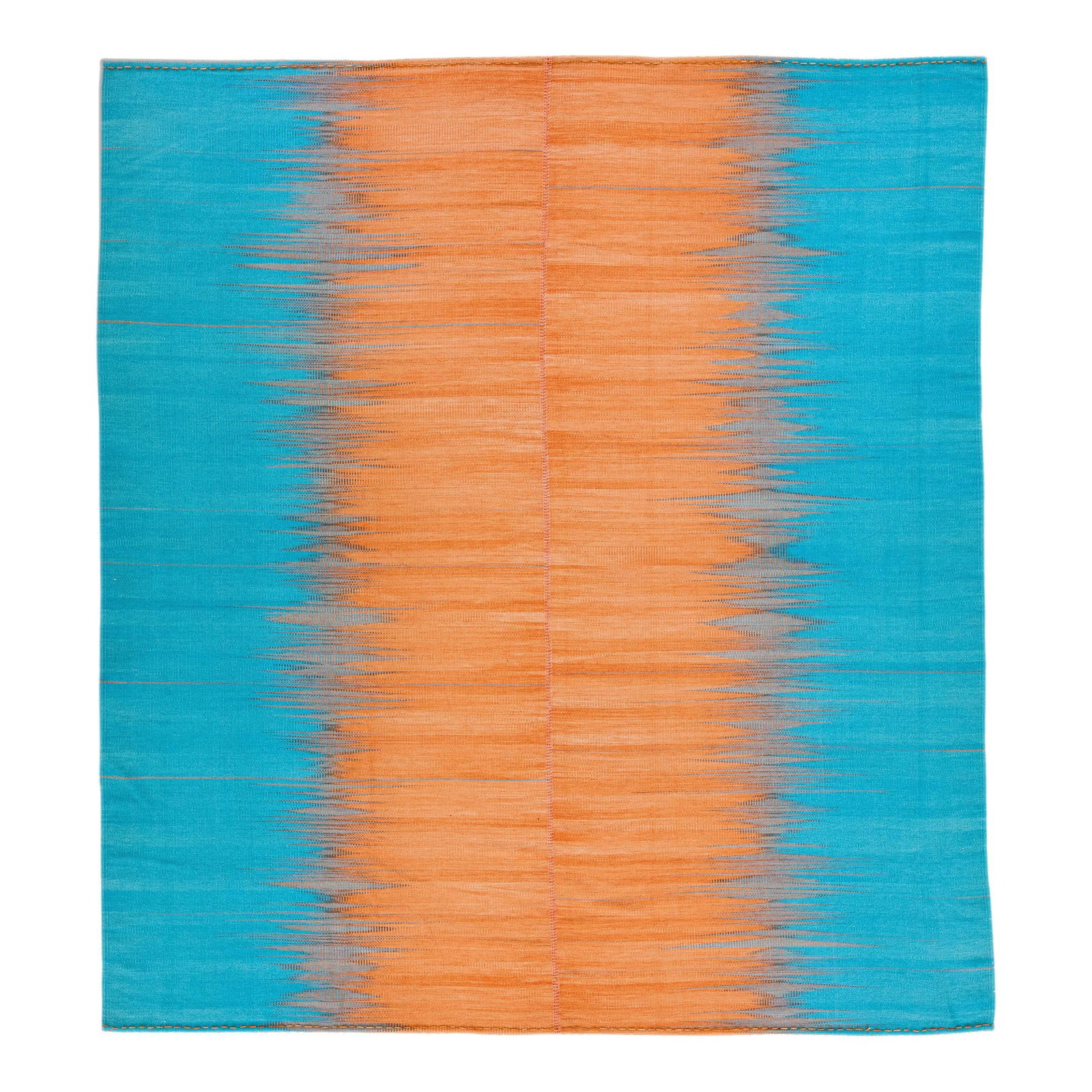 Modern Kilim Abstract Blue Orange Wool Rug 9'8 x 10'10: Modern Kilim Abstract Blue Orange Wool Rug 9'8 x 10'10 Enhance your living space with this stunning modern Kilim flat-weave wool rug, featuring a vibrant blue and orange field. The rug showcases a bea