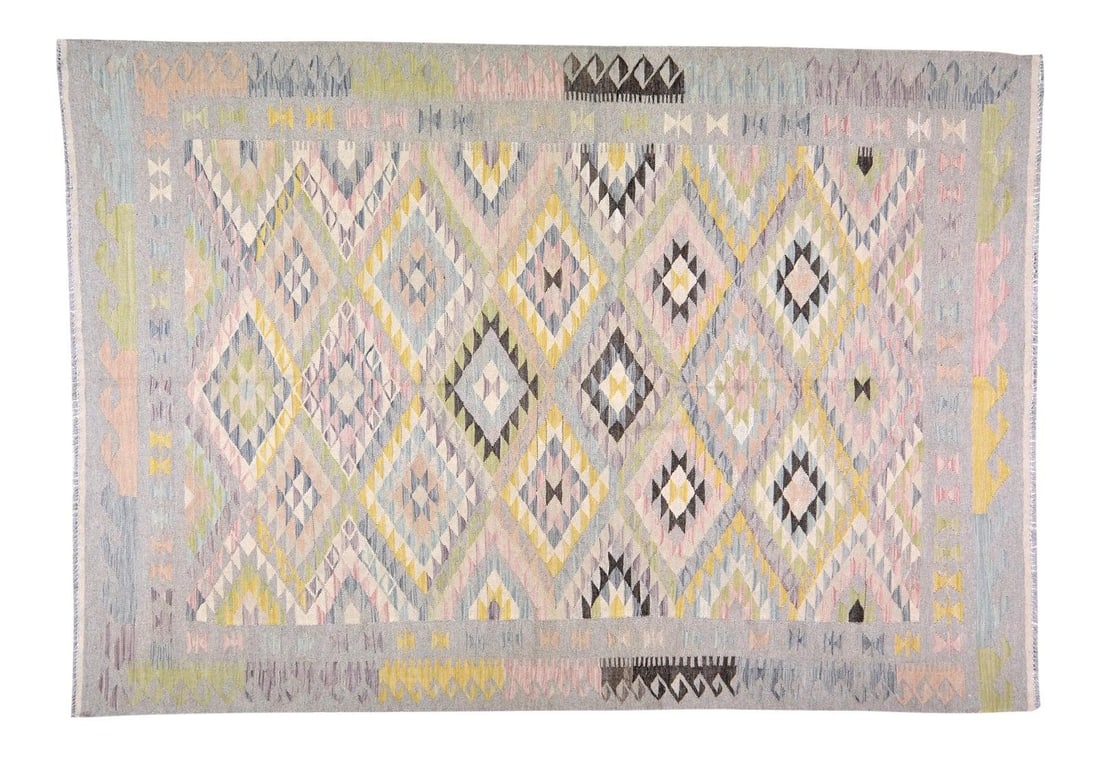 Vintage Maimana Kilim Wool Rug Afghan Tribal Geometric 6'6" x 9'3": Vintage Maimana Kilim Wool Rug Afghan Tribal Geometric 6'6" x 9'3" Vintage Afghan Maimana tribal kilim hand woven from organic wool and featuring natural colors with a geometric pattern. This piece sh