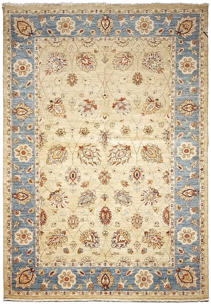 Hand-Knotted 5.8 x 8 Cream Blue Vegetable Dyed Chobi Rug: Hand-Knotted 5.8 x 8 Cream Blue Vegetable Dyed Chobi Rug Free continental US Shipping Elevate your interior with this exquisite 5.8 x 8 Cream Blue Color Vegetable Dyed Chobi Rug. Meticulously hand-kno