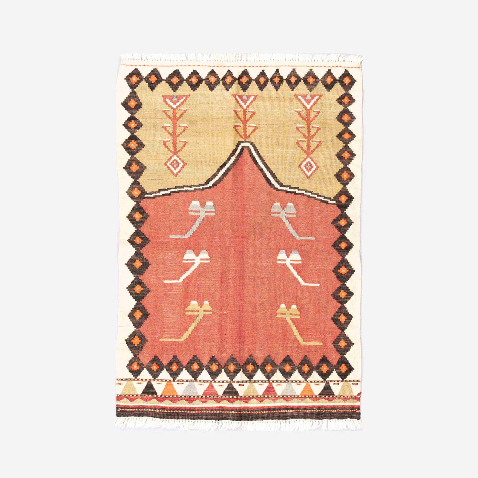 Handmade Anadol Wool Kilim 35 x 53.1 Inches: Handmade Anadol Wool Kilim 35 x 53.1 Inches Discover the exquisite craftsmanship of this authentic handmade Anadol kilim, featuring a rich wool on wool construction. Originating from the Anadol region