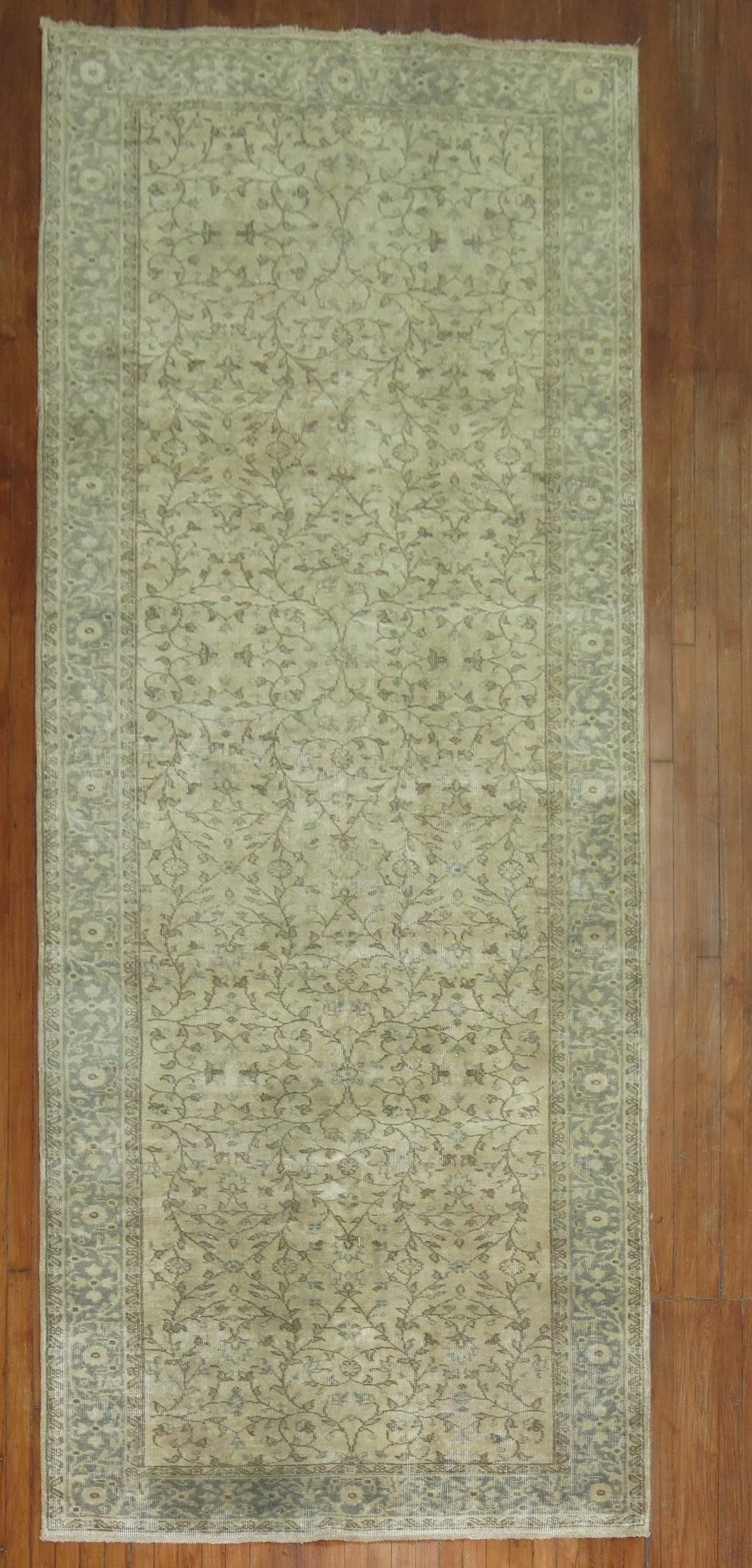 4' 10" x 13' Turkish Sivas taupe green beige gallery rug: 4' 10" x 13' Turkish Sivas taupe green beige gallery rug Turkish Sivas gallery rug in taupe, green, and beige, dating from the mid-20th century. This pre-owned rug is identified as a Sivas, Sparta typ