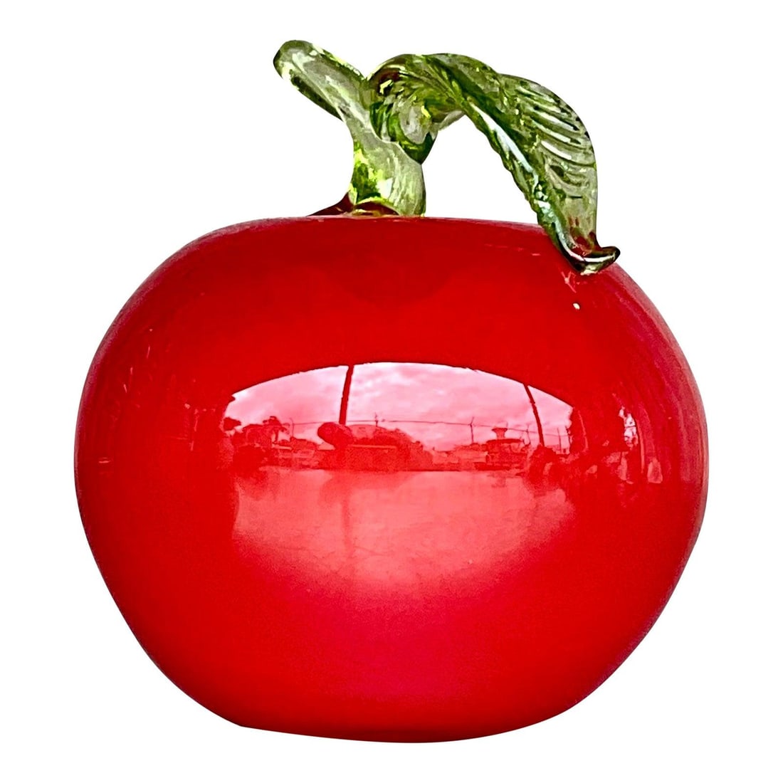 Vintage Blown Glass Apple Sculpture Red and Green Leaf 19.25": Vintage Blown Glass Apple Sculpture Red and Green Leaf 19.25" This stunning vintage postmodern art glass apple showcases a vibrant scarlet hue, expertly crafted from blown glass. Its unique design and