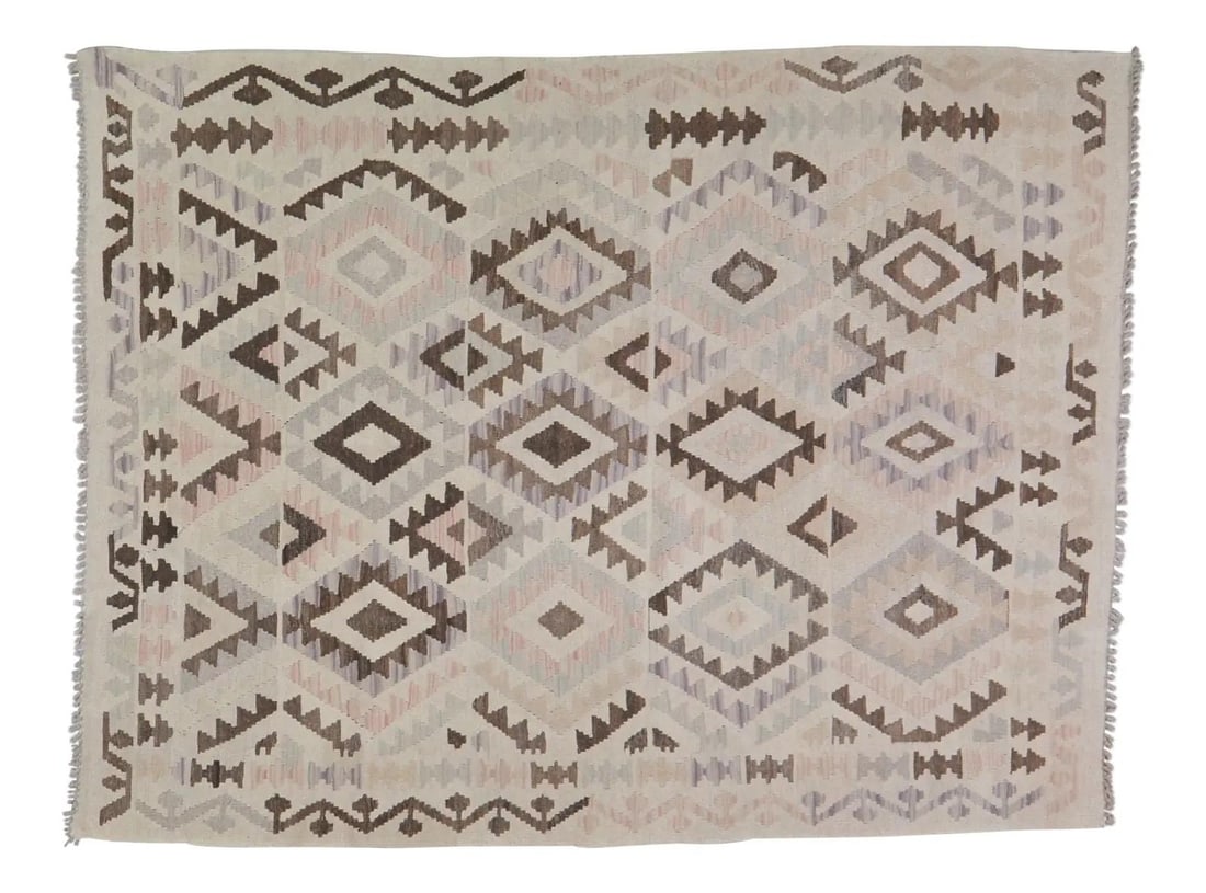 Vintage Maimana Wool Kilim Rug Afghan Tribal Geometric 5'x6'6": Vintage Maimana Wool Kilim Rug Afghan Tribal Geometric 5'x6'6" This vintage Afghan Maimana kilim is a hand-woven tribal rug crafted from organic wool. Featuring natural colors and a geometric pattern,