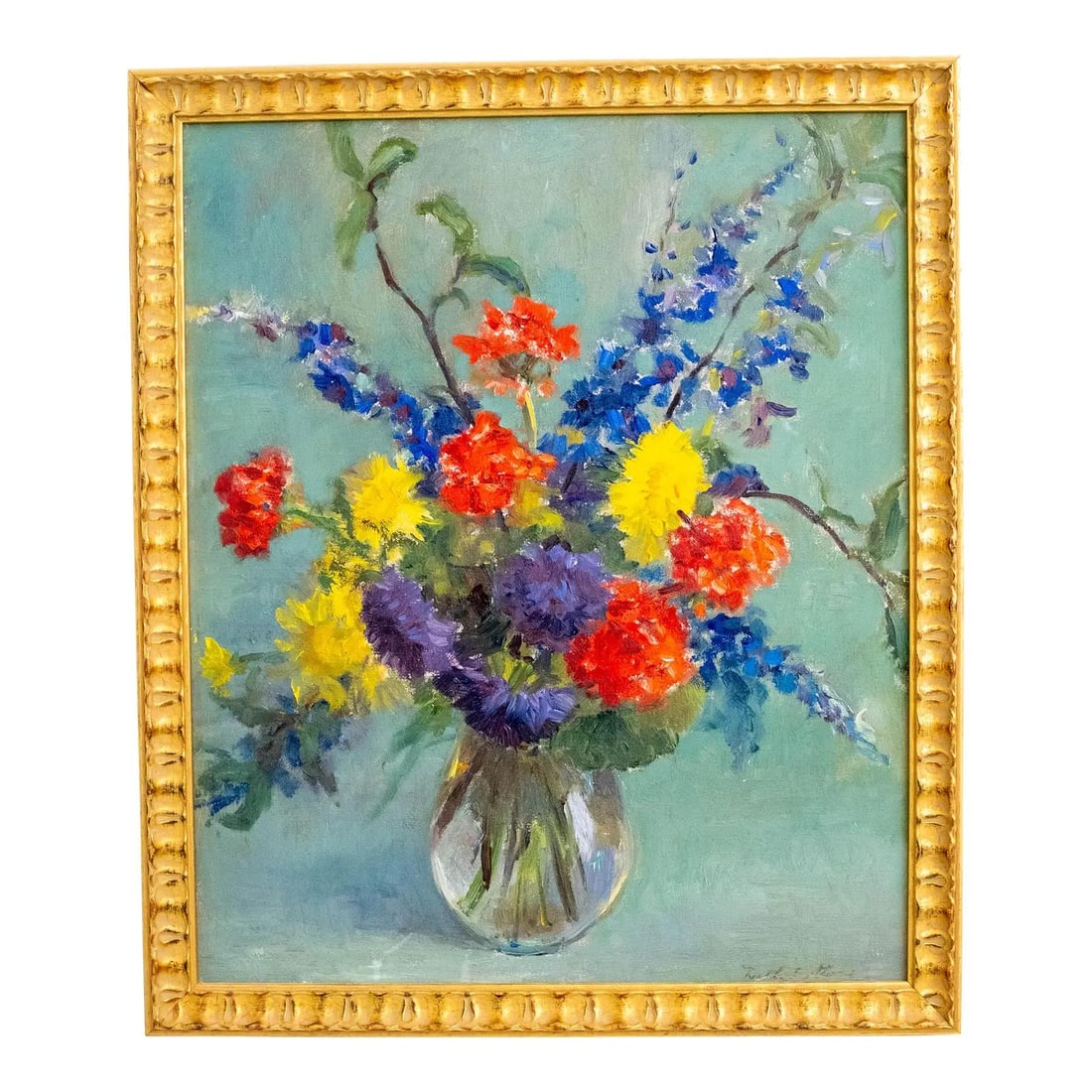 Vibrant Abstract Still Life Flower Oil Painting in Gold Frame: Vibrant Abstract Still Life Flower Oil Painting in Gold Frame This stunning abstract still life oil painting features a vibrant arrangement of colorful flowers in a clear vase. The artwork is elegantl