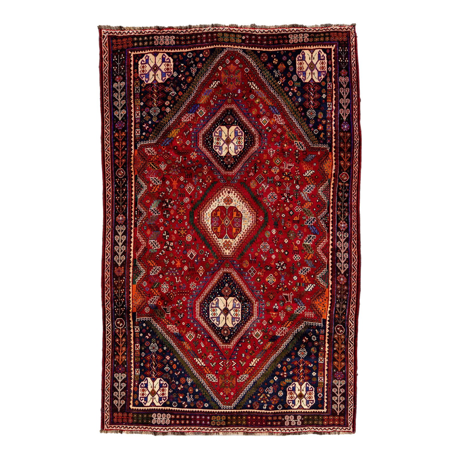 Vintage Handmade Shiraz Red Wool Rug Multi Medallion 6'0 X 9'6: Vintage Handmade Shiraz Red Wool Rug Multi Medallion 6'0 X 9'6 Discover the exquisite craftsmanship of this Vintage Handmade Shiraz Wool Rug. Featuring a striking red field adorned with a vibrant mult