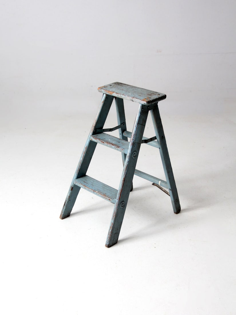 Vintage wood step stool with sky blue paint and metal hinges (1 of 13)