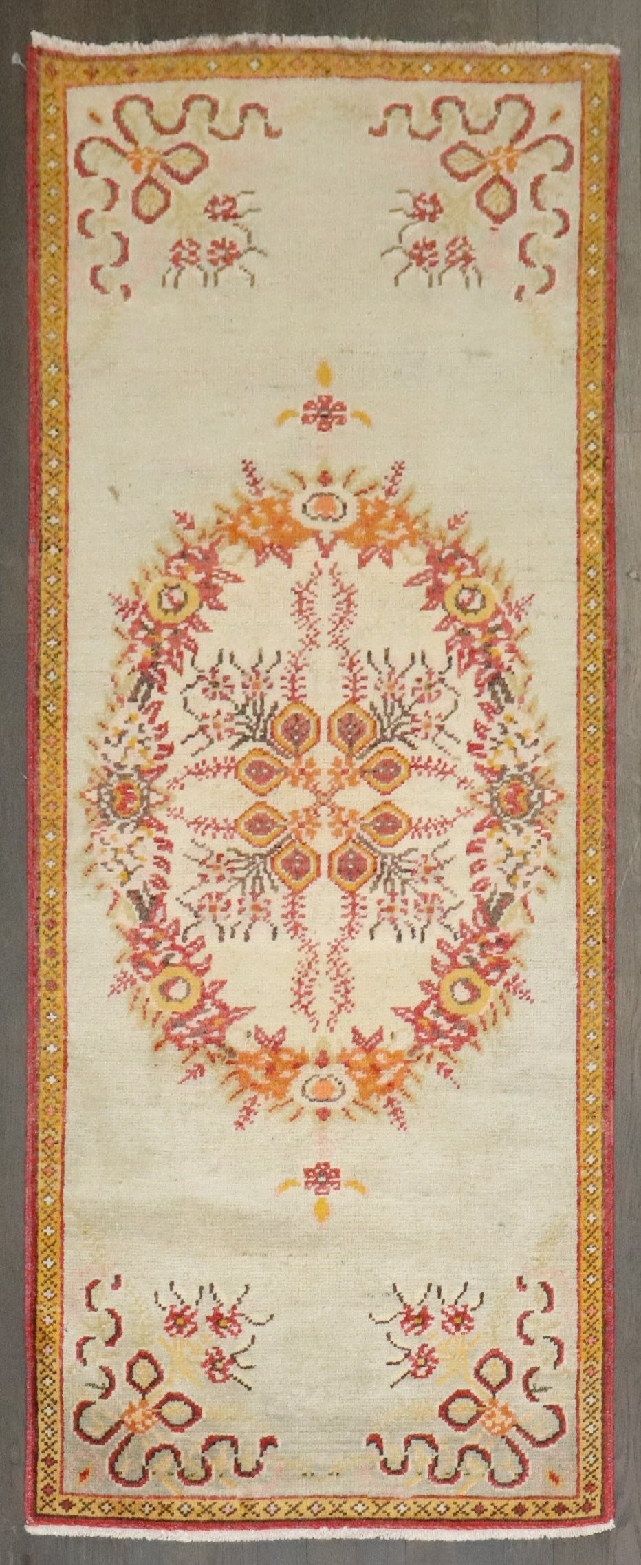2' 3" x 5' 3" Vintage Turkish Nain Small Runner Rug: 2' 3" x 5' 3" Vintage Turkish Nain Small Runner Rug Vintage Turkish Anatolian rug in a narrow runner format from the mid-20th century. This pre-owned piece is identified as a Nain type and works well 