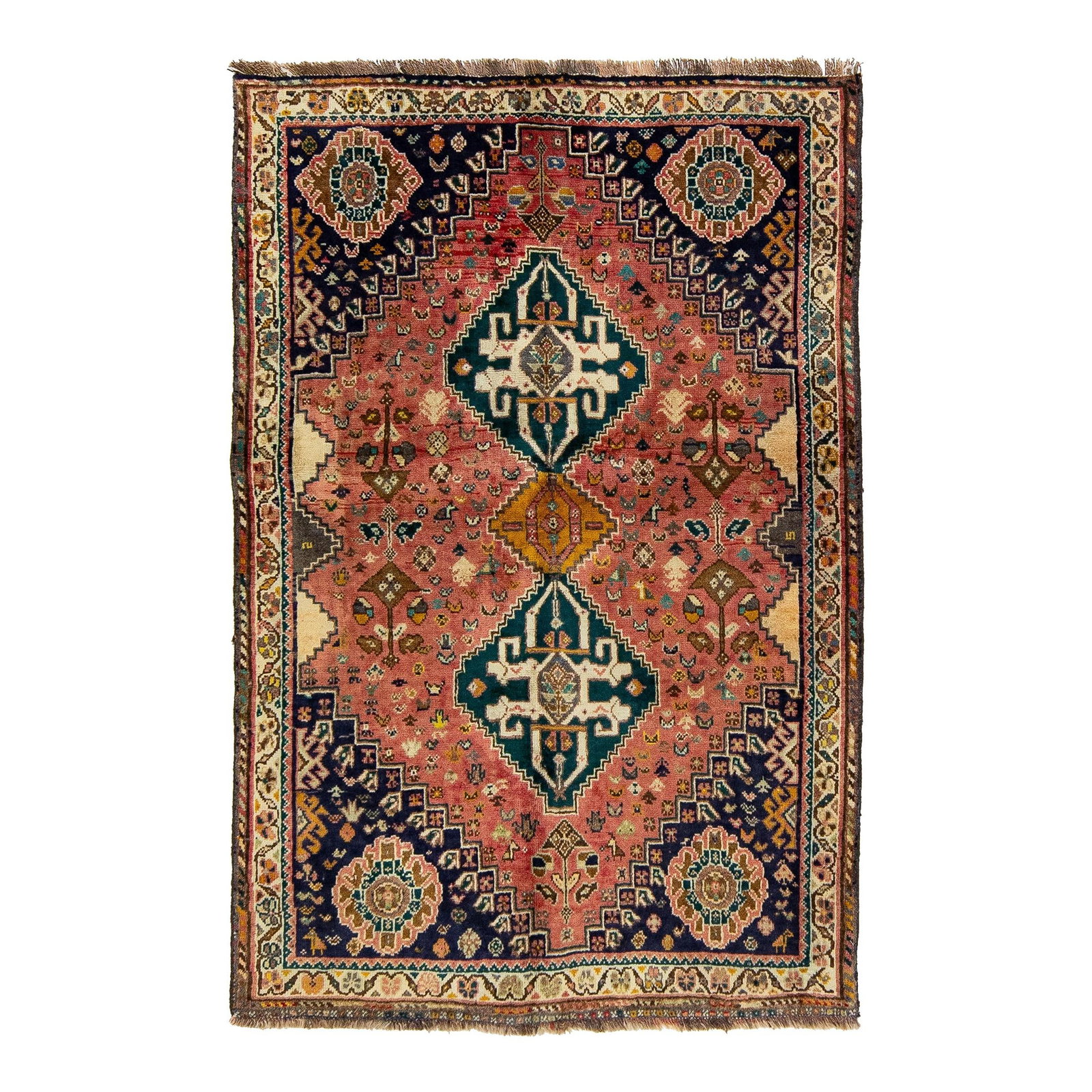 Vintage Handmade Shiraz Wool Rug Red Multicolored Design 3'6 x 5'2: Vintage Handmade Shiraz Wool Rug Red Multicolored Design 3'6 x 5'2 Enhance your space with this exquisite vintage Handmade Shiraz Wool Rug, showcasing a vibrant red field adorned with multicolored acc