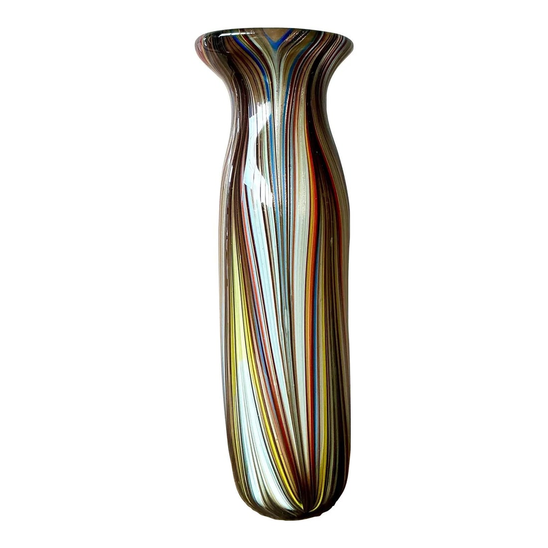 Tall Filigrana Murano Style Italian Art Glass Vase with Swirling Ribbon Design: Tall Filigrana Murano Style Italian Art Glass Vase with Swirling Ribbon Design This vintage Italian art glass vase features the intricate Filigrana technique, with thin vertical canes of colored glass