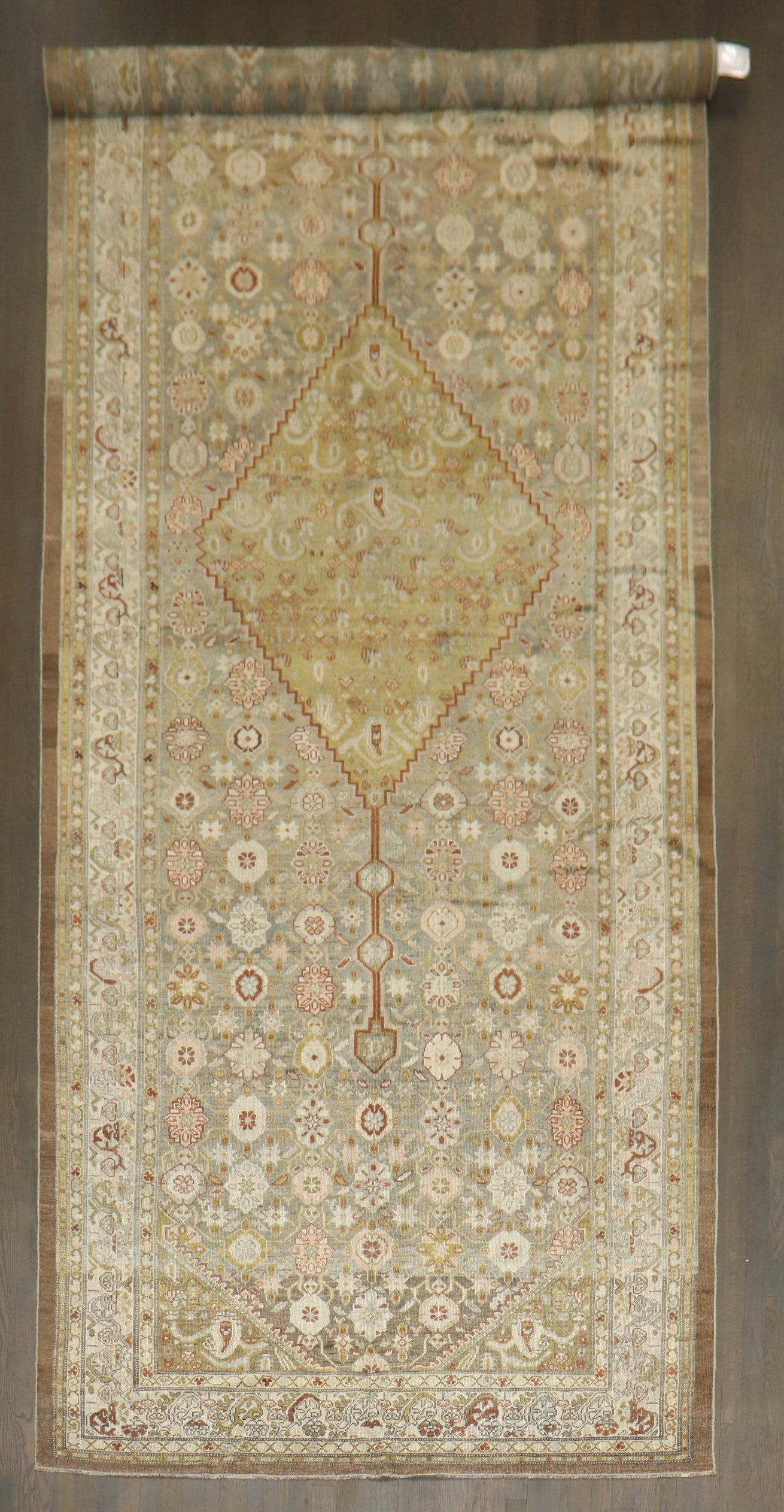5' 11" x 16' Persian Serab Gallery Rug Camel and Soft Green: 5' 11" x 16' Persian Serab Gallery Rug Camel and Soft Green Persian Serab rug in a camel and soft green color palette, designed in a corridor size gallery format. This pre-owned rug dates to the 1900s