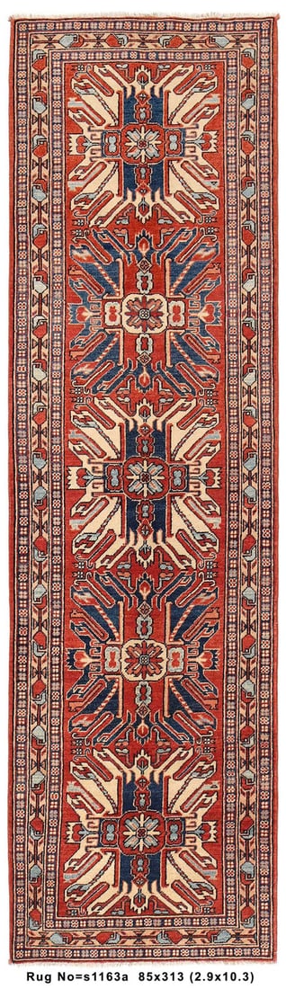 Handmade Kazak Runner 2.9 x 10.3 Orange Wool Rug (1 of 8)