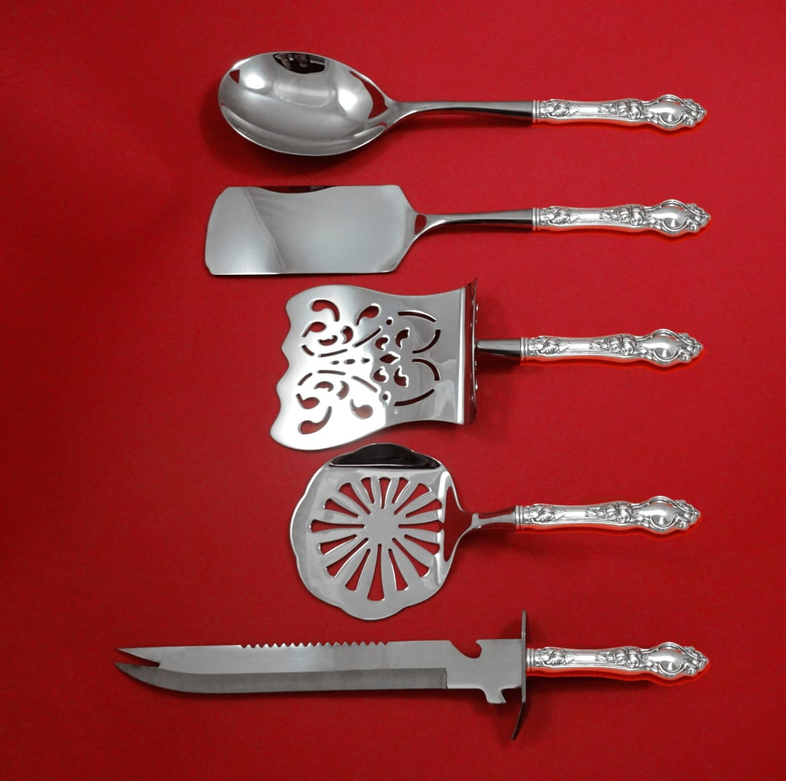 Wallace Violet Sterling Silver 5-Piece Brunch Hostess Set: Wallace Violet Sterling Silver 5-Piece Brunch Hostess Set Elevate your brunch gatherings with this exquisite 5-piece serving set from Wallace, crafted in sterling silver with a charming Violet pattern