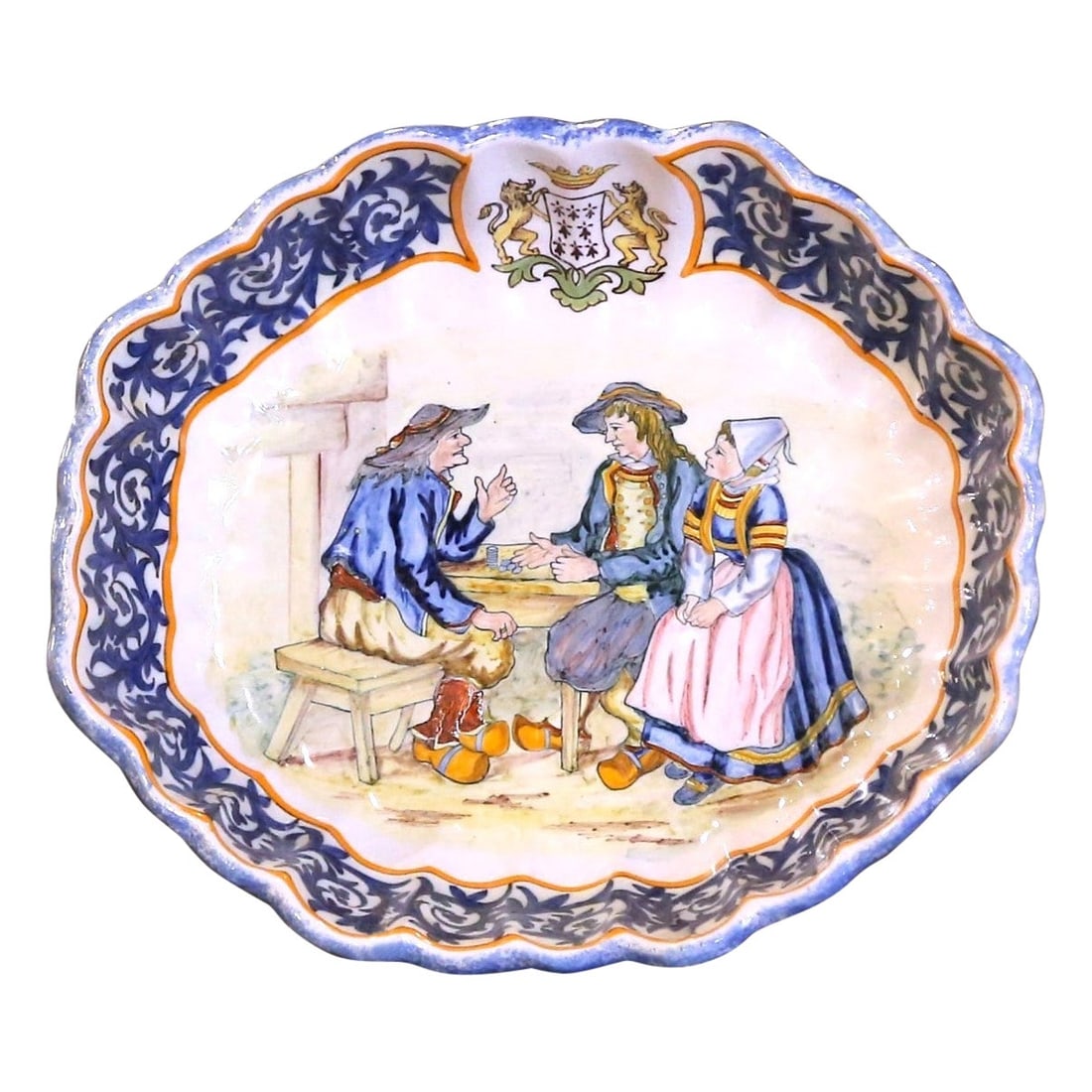 Antique 19th Century Quimper Faience Wall Bowl by Porquier Beau: Antique 19th Century Quimper Faience Wall Bowl by Porquier Beau Enhance your home decor with this exquisite 19th Century French Painted Faience Wall Bowl, crafted by Porquier Beau in Quimper, France c