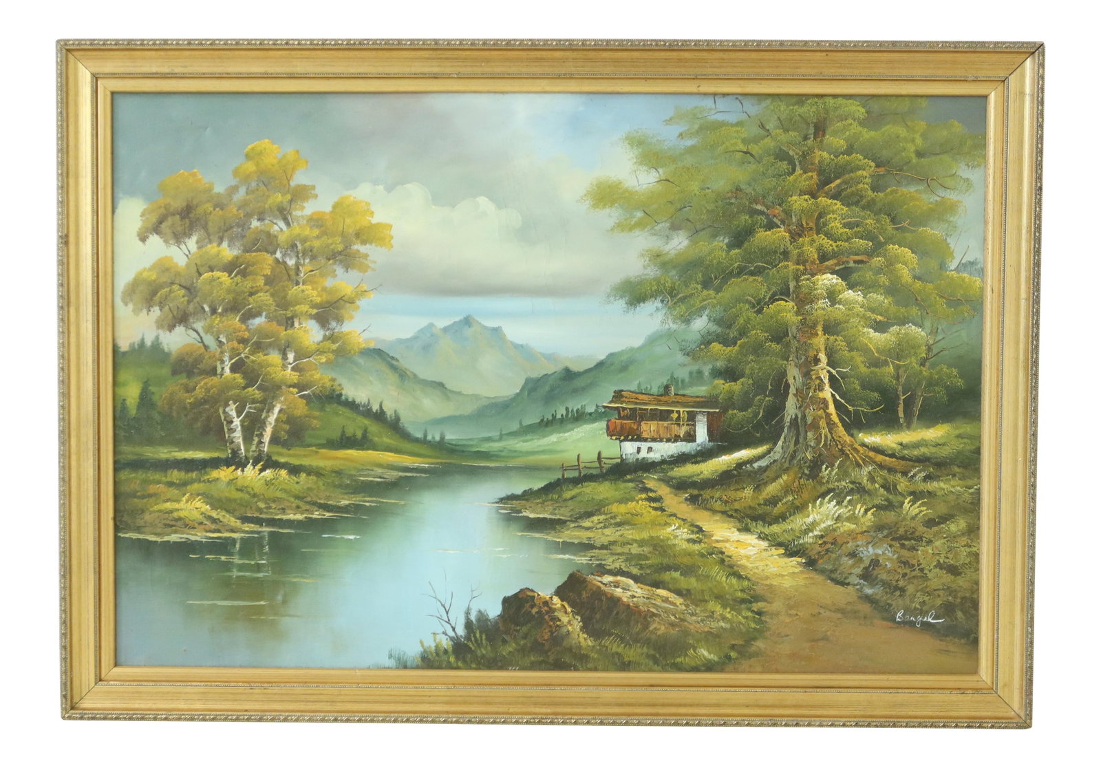 Bengel Signed Framed Landscape Oil Painting 40 x 28 Gold Frame: Bengel Signed Framed Landscape Oil Painting 40 x 28 Gold Frame This stunning framed landscape oil painting on canvas, created by a Bengel artist, showcases bright and vibrant colors that will enhance 