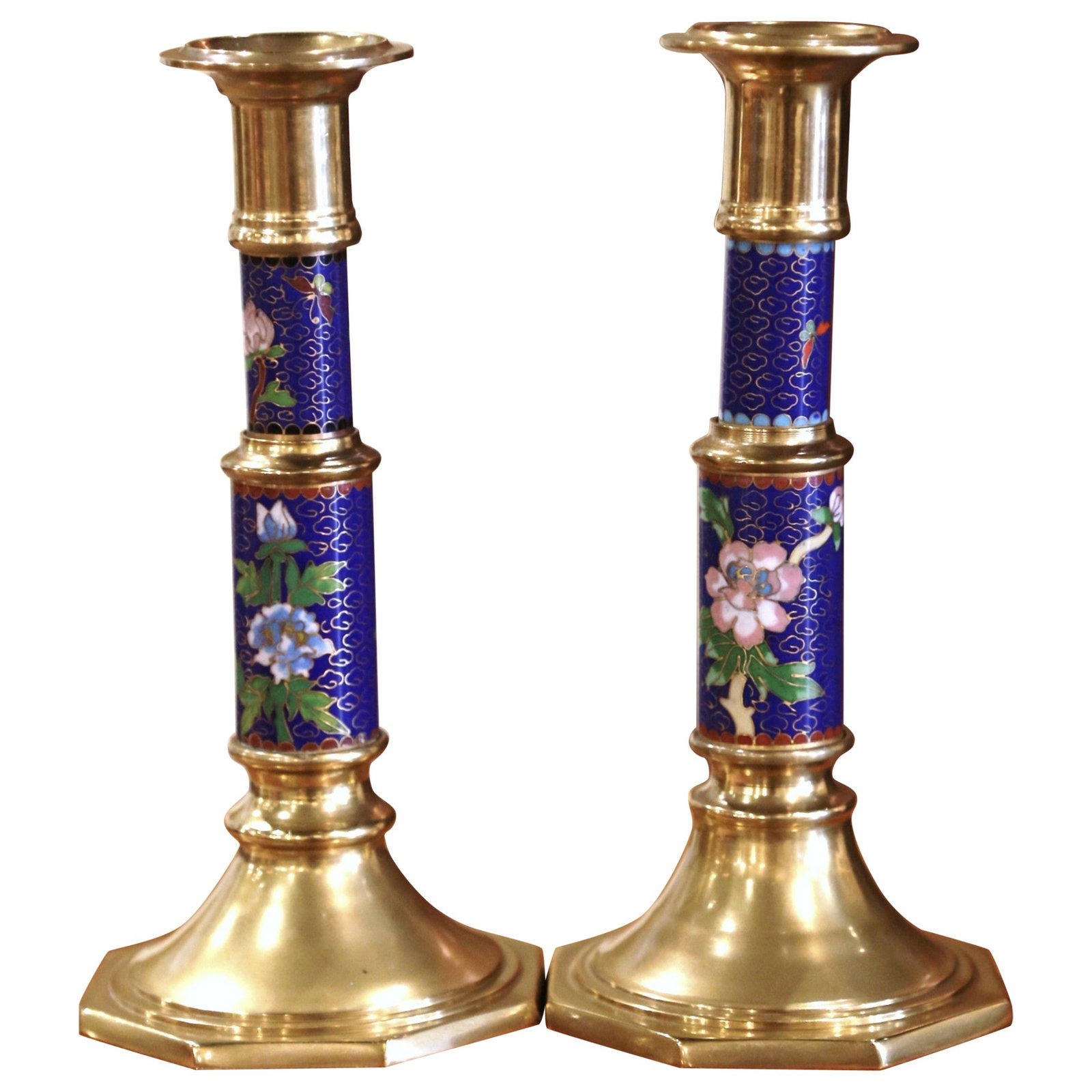 Vintage Brass Champleve Candle Holders Set of 2 Floral Motifs China 1970 (1 of 9)