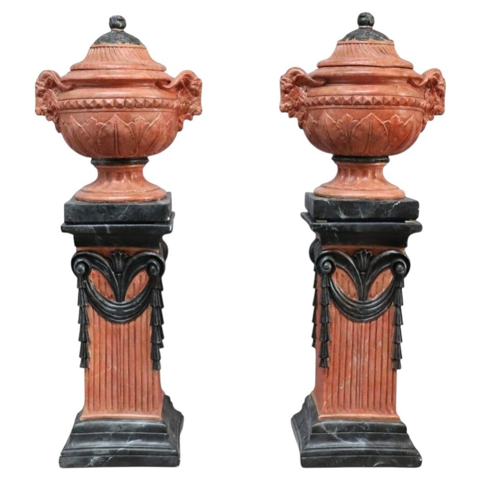 Set of 2 terracotta garden urns with pedestals Neoclassical style: Set of 2 terracotta garden urns with pedestals Neoclassical style Pair of Neoclassical-style garden urns with matching pedestals, crafted in terracotta and dating to the 20th century. Each urn has a l