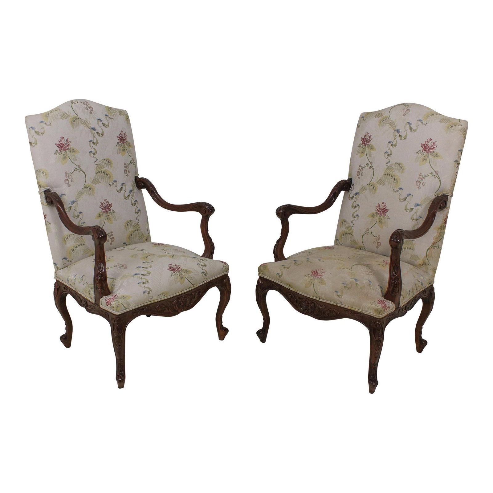 Elegant Pair of French High Back Chairs Silk Blend Upholstery Walnut Finish (1 of 10)